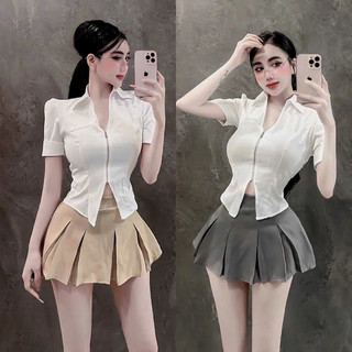  Set Bộ Áo Sơ Mi Kate Tay Ngắn Khoá Kéo Croptop + Chân Váy Cotton Lạnh Xếp Ly Có Lót Quần 