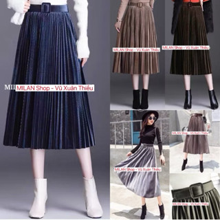 Chân váy nhung xếp ly kèm đai 2 kiểu 12 màu hot