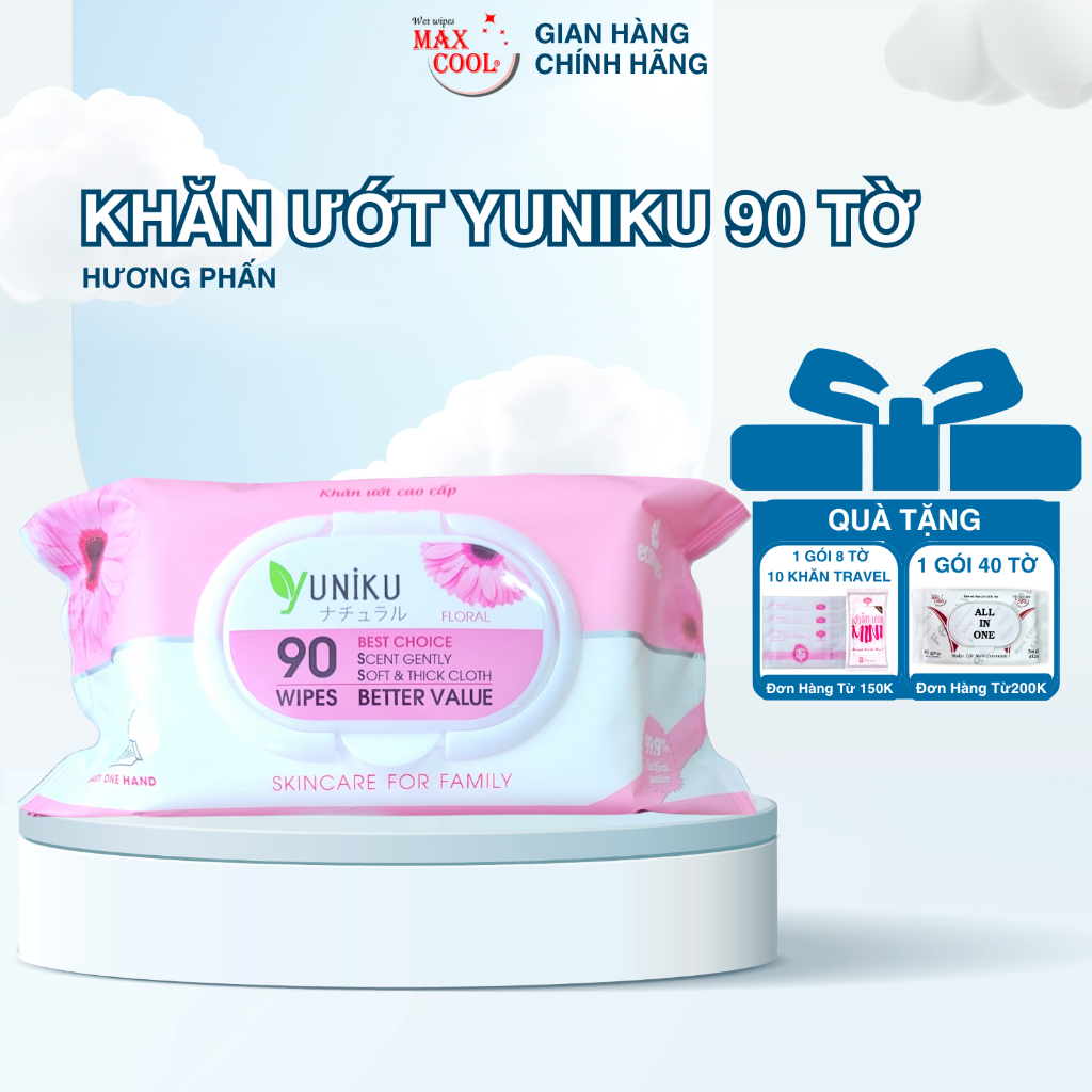1 Gói Khăn Ướt Cao Cấp Yuniku 90 Tờ, Hồng Hương Phấn - Hàng Chính Hãng Cao Cấp An Toàn Cho Bé