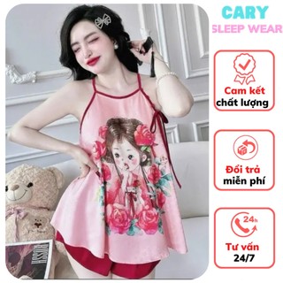 Đồ bộ ngủ hai dây mặc nhà mùa hè dễ thương, set đồ ngủ hai dây yếm in 3D xinh xắn đáng yêu CARY