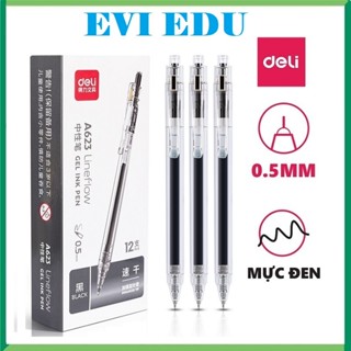 Hộp 12 cây bút gel nước học sinh mực đen ngòi 0.5mm Deli A623 / 623 mực nhanh khổ, vỏ màu trong suốt