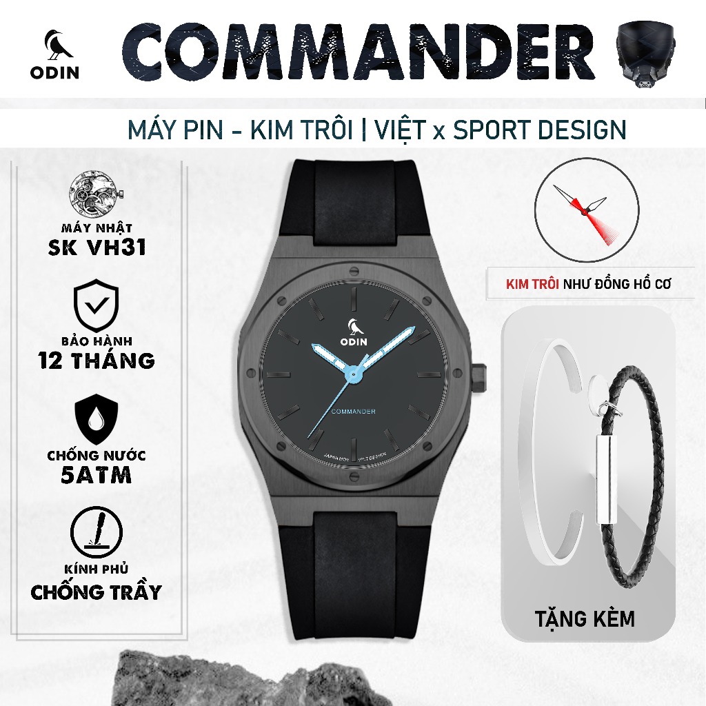 Đồng hồ Nam ODIN COMMANDER GREY METAL-Máy Pin Kim Trôi-Chính hãng Việt Nam máy Nhật VH31-chống nước 