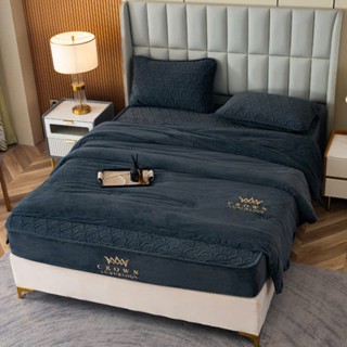 Set chăn ga gối nỉ nhung CROWN luxury trần bông cao cấp mềm mịn - phong các classic đơn giản sang trọng kèm chăn 3kg set