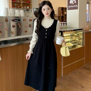  Váy Đầm Bigsize Len Cổ Viền Nhún Phối Màu Đính Cúc Dáng Xoè Dài Tiểu Thư Nữ Tính 🌸Hàng Quảng Châu 