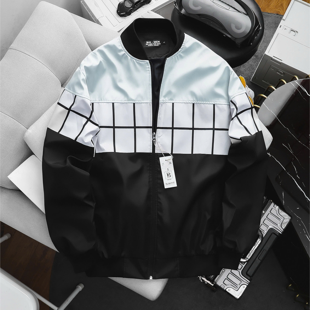 [Bigmen.Bigsizemen] Áo khoác bomber chất vải dù phối trắng xanh bigsize nam< 130 kg