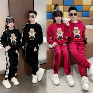 Bộ thu đông cho bé trai bé gái 17-45kg, bộ dài tay cho bé 4-14 tuổi in hình labubu rót viền, chất vải dày dặn.