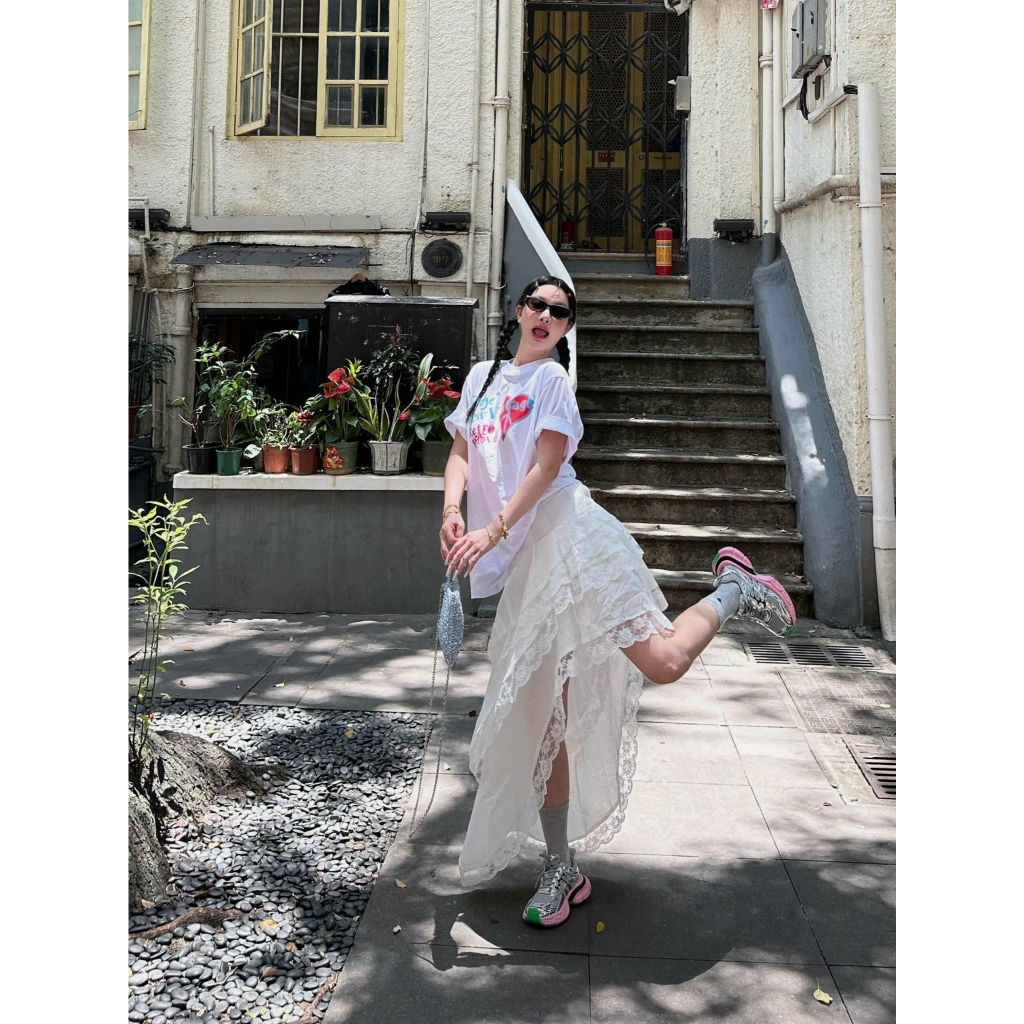 P072 - Chân váy tầng vạt chéo viền ren, chân váy retro vạt xéo cá tính | BigBuy360 - bigbuy360.vn
