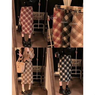  METWO. - Chân váy dạ kẻ dài midi dáng chữ A xẻ sau kẻ ô bản to CARO SKIRT Y JIA Studio cạp cao có lót vintage ulzzang HQ 