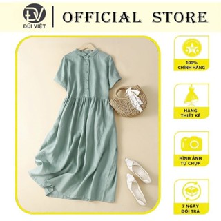  Đầm Linen Nữ Form Suông Cổ Sơ Mi Cúc Hoạ Tiết Tay Lửng Thoáng Mát Da158 