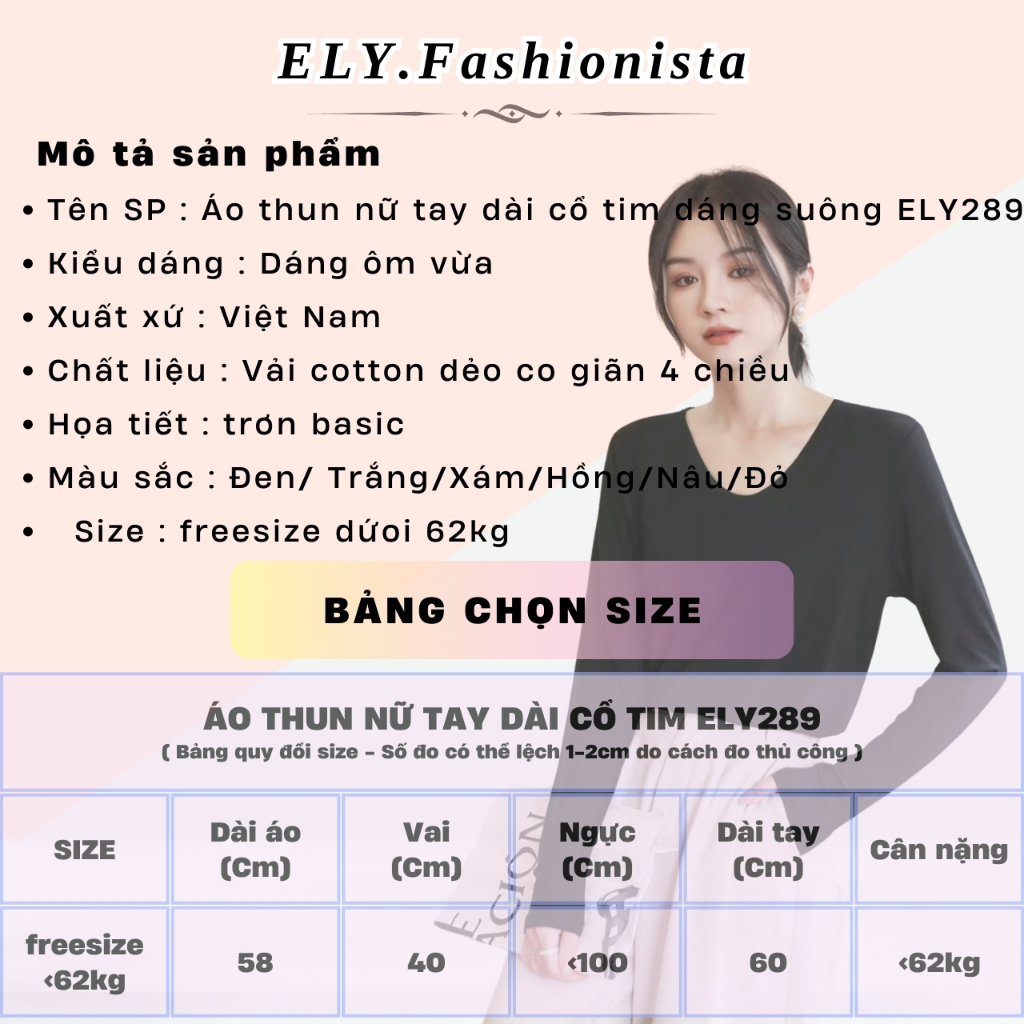 Áo phông nữ dài tay cổ tim ELY chất cotton dẻo cao cấp co giãn áo thun nữ tay dài thu đông ELY289 | BigBuy360 - bigbuy360.vn