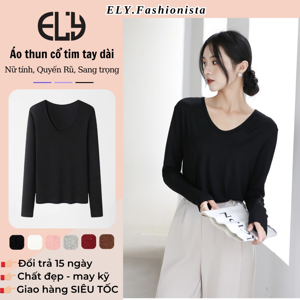 Áo phông nữ dài tay cổ tim ELY chất cotton dẻo cao cấp co giãn áo thun nữ tay dài thu đông ELY289 | BigBuy360 - bigbuy360.vn