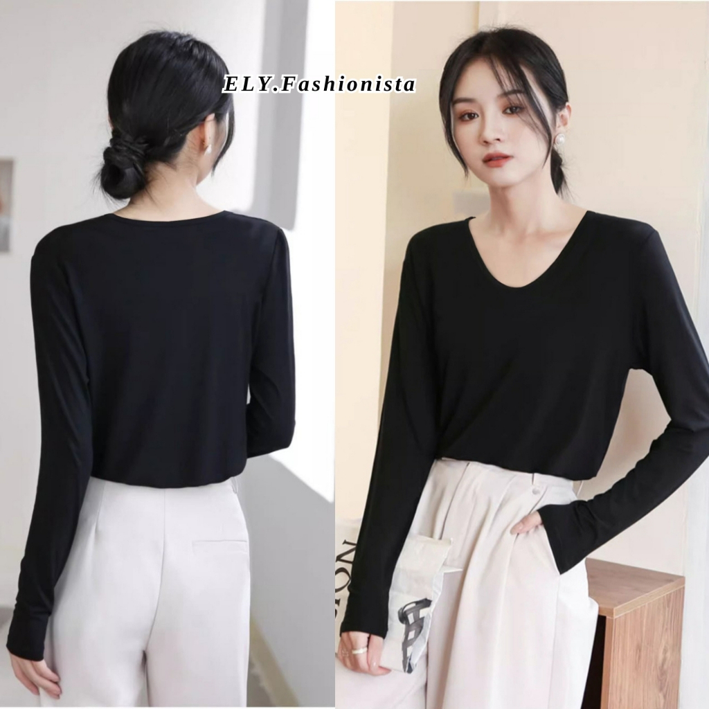 Áo phông nữ dài tay cổ tim ELY chất cotton dẻo cao cấp co giãn áo thun nữ tay dài thu đông ELY289 | BigBuy360 - bigbuy360.vn