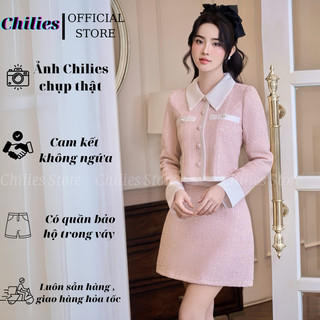  Set Dạ Tweet Hồng 2 Lớp Đính Kim Sa Chân Váy Chữ A Chilies Store 