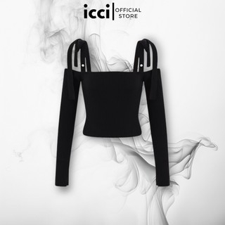 ICCI - Áo len dài tay trễ vai buộc dây nơ babydoll xẻ gấu tay KRV1 