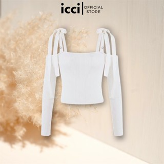  ICCI - Áo len dài tay trễ vai buộc dây nơ babydoll xẻ gấu tay KRV2 