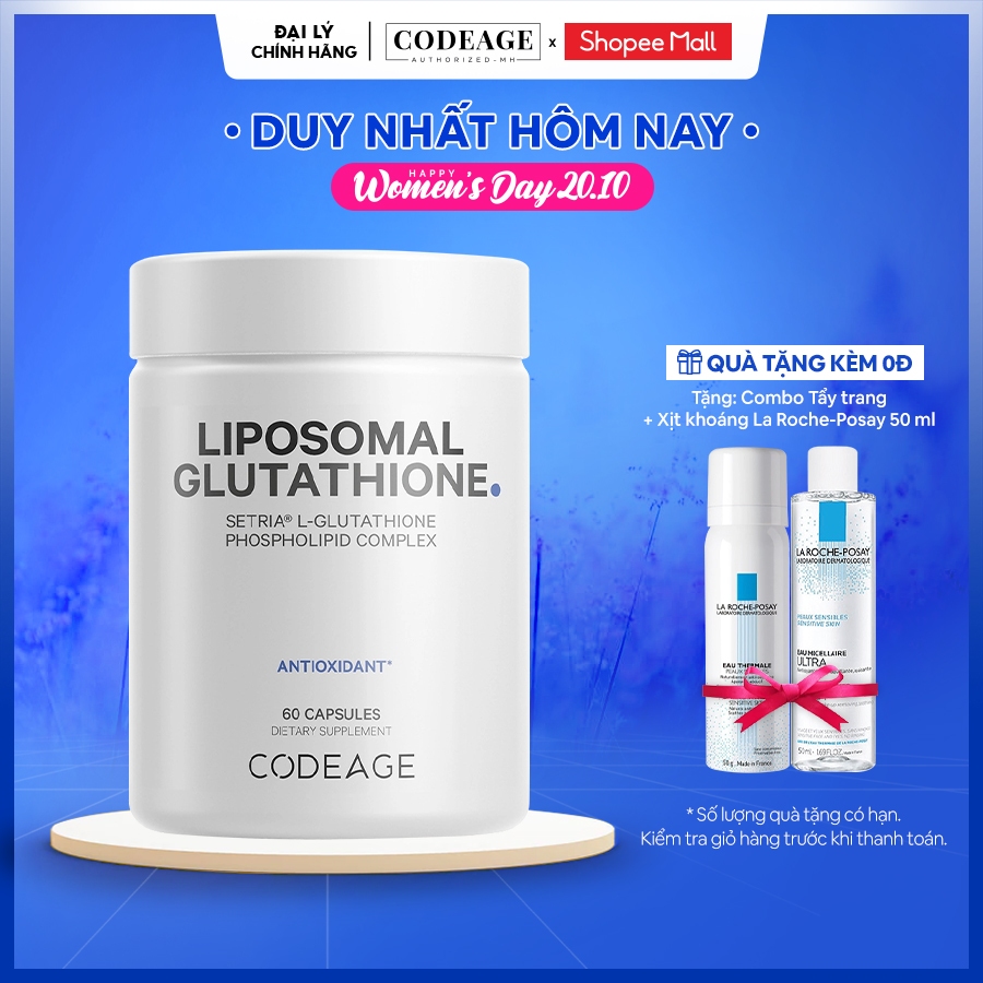 Viên uống hỗ trợ trắng da CodeAge Liposomal Glutathione 60 viên - Codeage Authorized,mờ thâm nám, da sáng khỏe
