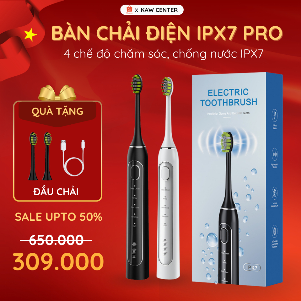 Bàn Chải Điện IPX7 Pro 4 Chế Độ Làm Sạch, Công Nghệ Sóng Âm, Chống Nước IPX7, Vệ Sinh Răng Miệng