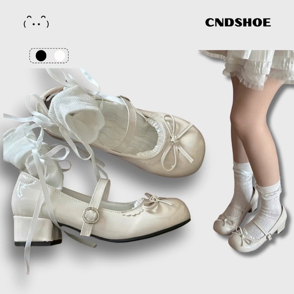  Giày Búp Bê Nữ Dolly Shoes Cài Quai Đính Nơ Ren Đế Cao 4CM Phong Cách Lolita 
