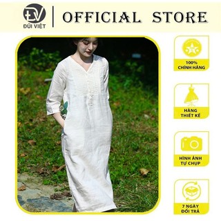 Đầm suông Linen nữ tay ngắn cổ V cài cúc, form suông rộng giấu bụng, phong cách retro nữ da190