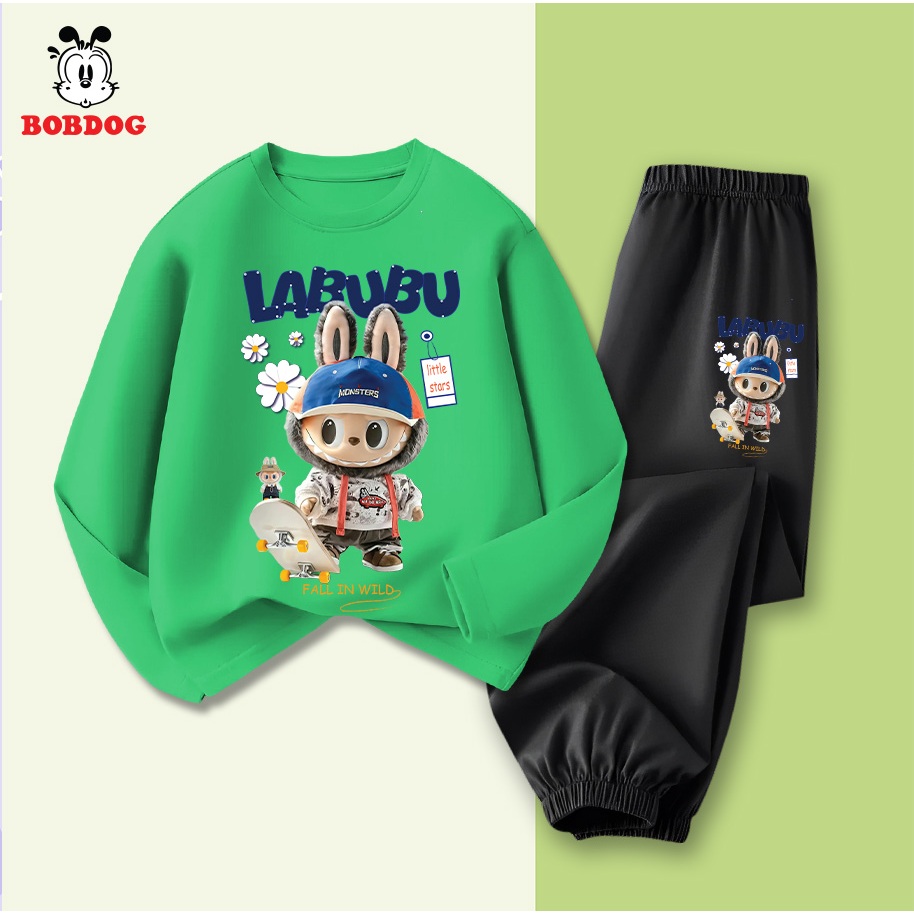 Bộ thu đông bé trai BOBDOG, đồ bộ bé trai cotton 2024 in hình LABUBU TW- KS42 cho bé