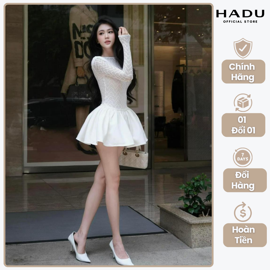 Đầm Ren Tay Dài Phối Chân Váy Xòe HADU V56 Chất Ren Mềm Mịn Sang Chảnh
