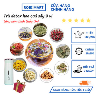  Hộp 20 gói trà detox hoa quả sấy 9 vị robimart đẹp da đẹp dáng - tặng kèm bình thủy tinh  màu ngẫu nhiên  