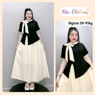 Set Đồ Tiểu Thư Bigsize Nữ, Bộ Váy Đi Tiệc Áo Tay Ngắn Cổ Phối Nơ Kèm Chân Váy Sanh Chảnh SET848