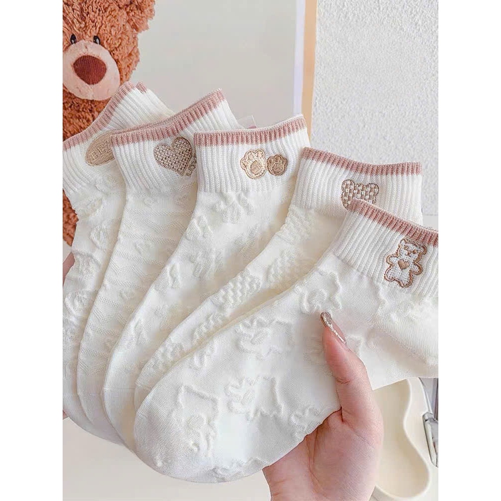 Set 5 Đôi Tất Cổ Ngắn Cho Nữ Kiểu Vân Nổi Họa Tiết Tim Viền Nâu Siêu Hot TT14  [ J111 ]