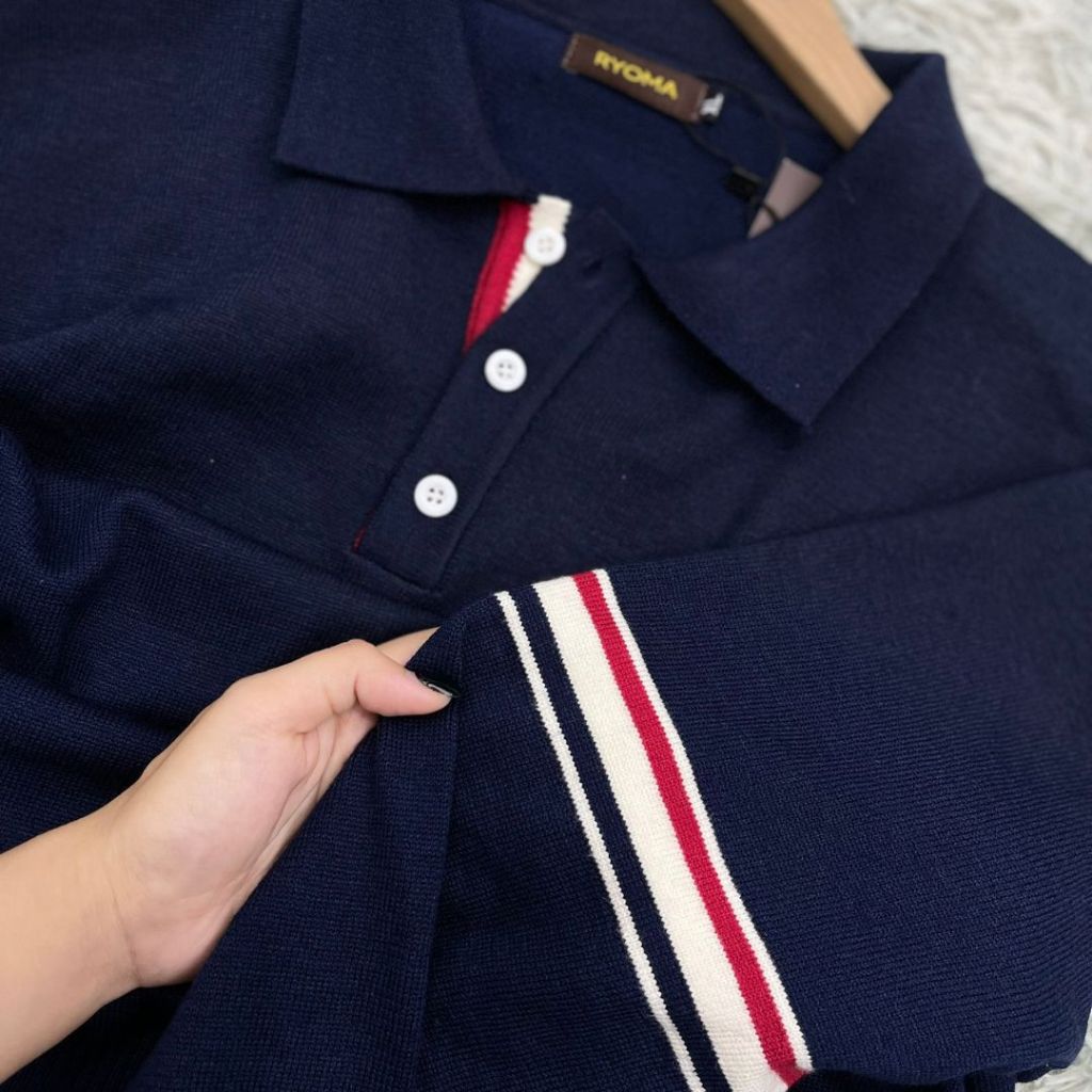 Áo Polo dệt kim RYOMA dài tay cao cấp, chất len lông thỏ mềm mại kiểu dáng classic kẻ tay sang trọng NLH-10 | BigBuy360 - bigbuy360.vn