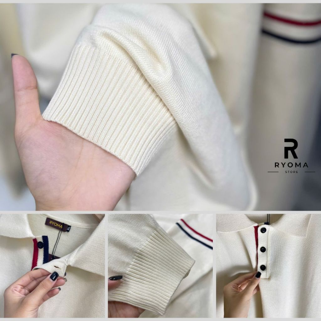 Áo Polo dệt kim RYOMA dài tay cao cấp, chất len lông thỏ mềm mại kiểu dáng classic kẻ tay sang trọng NLH-10 | BigBuy360 - bigbuy360.vn