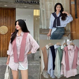 METWO. - Áo sơ mi thô kẻ form rộng OVERSIZE dài tay màu PASTEL kèm khăn quàng mix thuỷ thủ rời ulzzang tiểu thư Hàn Quốc