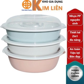 Bộ thau rổ bầu dục nhựa VIỆT NHẬT - Nắp trong - Rửa rau củ quả, trộn thực phẩm - Chính hãng 3278+79