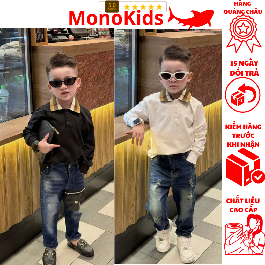 Áo thun polo dài tay bé trai phối cổ bbR siêu sang 10-40kg_Monokids