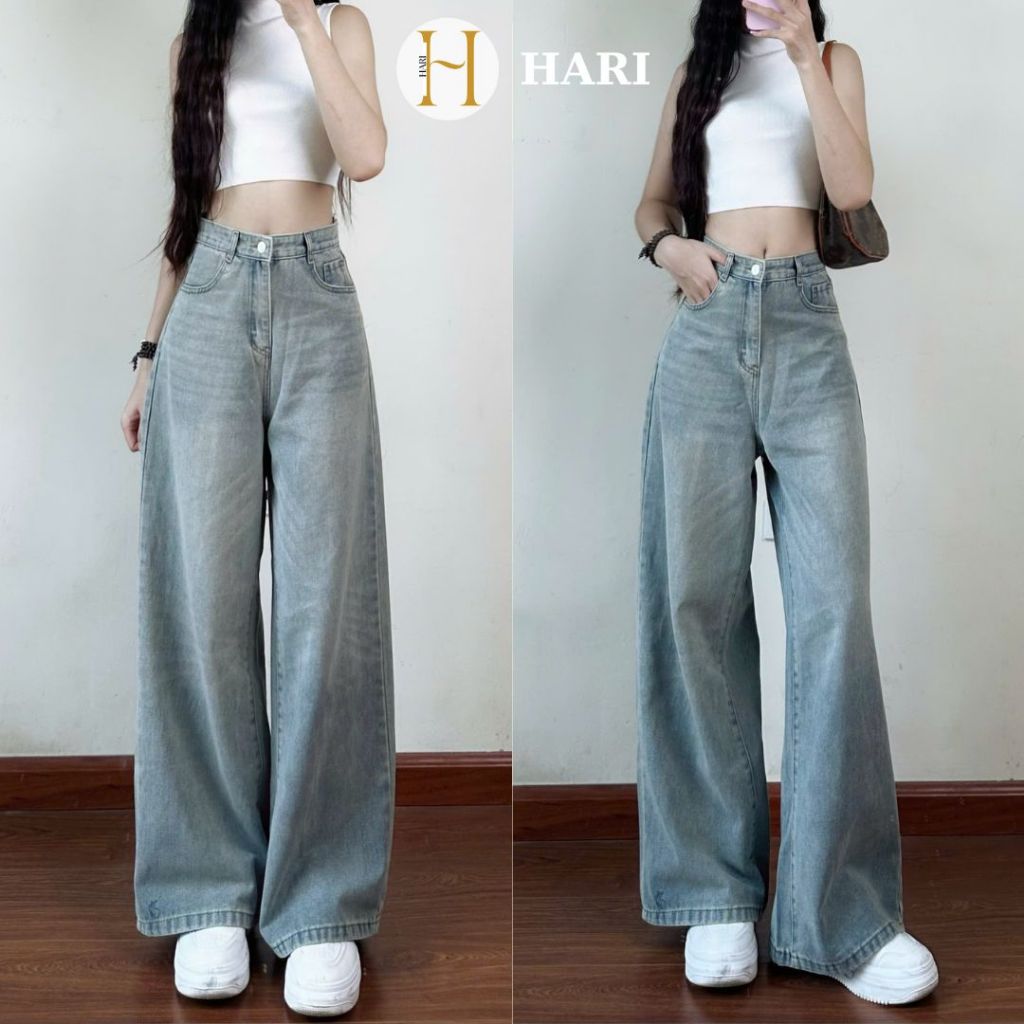 Quần Jean Ống Rộng Hari Quần Bò Ống Suông Cạp Cao Màu Wash Retro | BigBuy360 - bigbuy360.vn