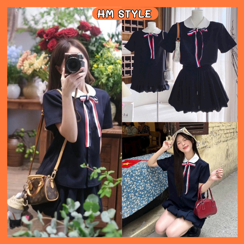 Set áo sơ mi xanh cổ sen trắng Mix chân váy bí phồng tặng kèm nơ cài kẻ sọc có quần bảo hộ HB750