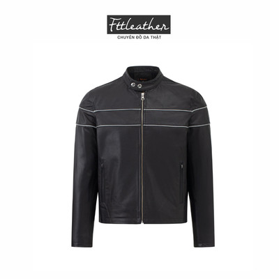 Áo da nam da dê Racer FTT Leather phối gân trắng tay khoá dáng suông AD216D40