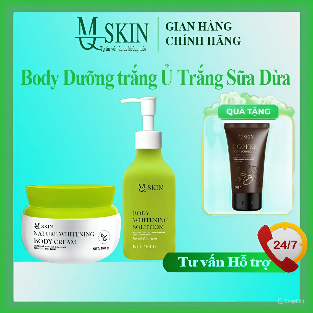 Combo Body MQ SKIN Ủ Trắng Body Sữa Dừa, Kem Body Dưỡng Trắng Chống nắng MQ SKIN