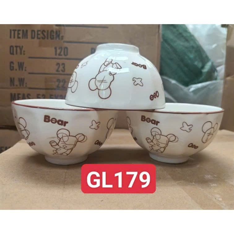 combo 10 chén, 5 chén, 2 chén sứ hoa văn 4D bông xanh, chén sứ gấu GL179