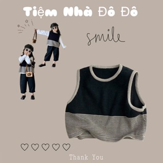 Áo gile len thu đông kẻ sang trọng MTinyQueen  cổ tròn phong cách Hàn Quốc cho bé trai bé gái 7-17kg