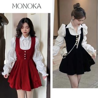 Váy yếm nhung dáng xòe cúc nọc phối áo sơ mi tay bồng tiểu thư vintage Đầm nữ điệu thu đông đi chơi lễ tết T241G MONOKA