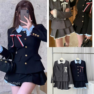  Set 3CT Áo Đệm Vai Cổ Phối Sơmi Mix Chân Váy Xếp Li Tiểu Thư Tặng Kèm Nơ Cài siêu xinh”HANCHI” 