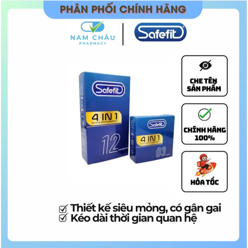 Bao cao su Safefit 4in1, Thiết kế siêu mỏng, có gân gai li ti, kéo dài thời gian