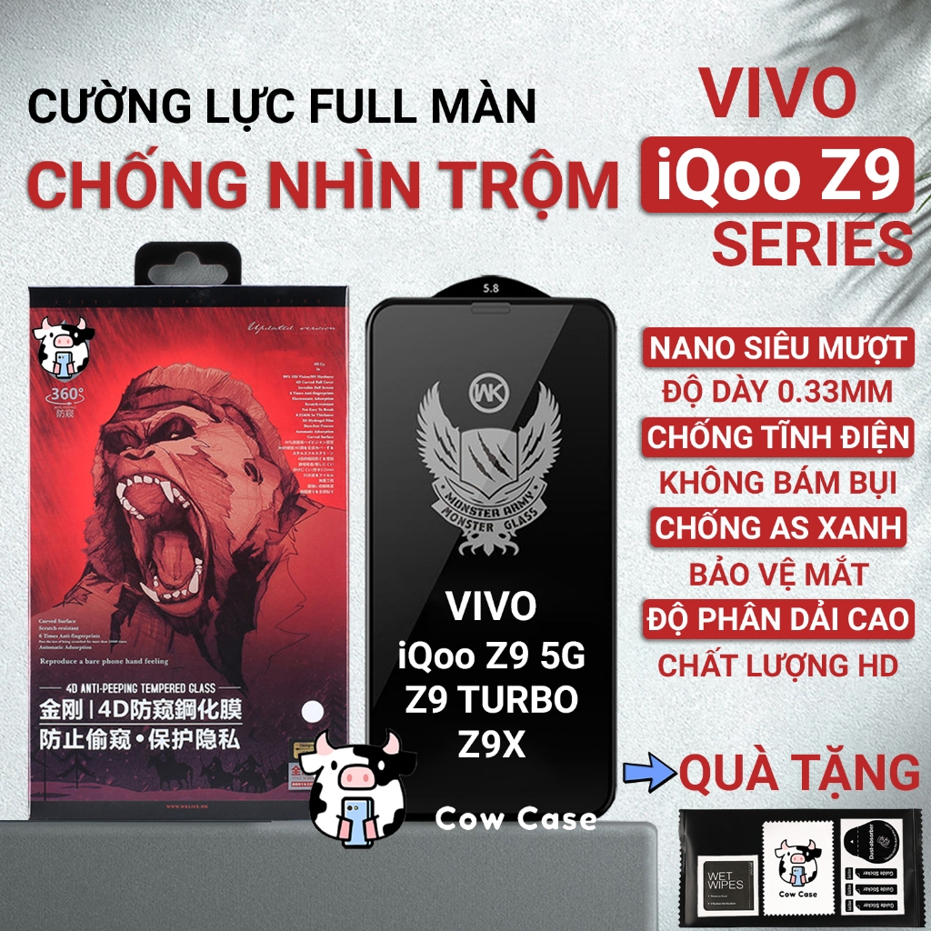 Cường lực iQoo Z9 Turbo, Z9 5G, Z9x, Z9 Lite/Plus chống nhìn trộm full màn | Miếng dán kính bảo vệ màn hình cho Vivo