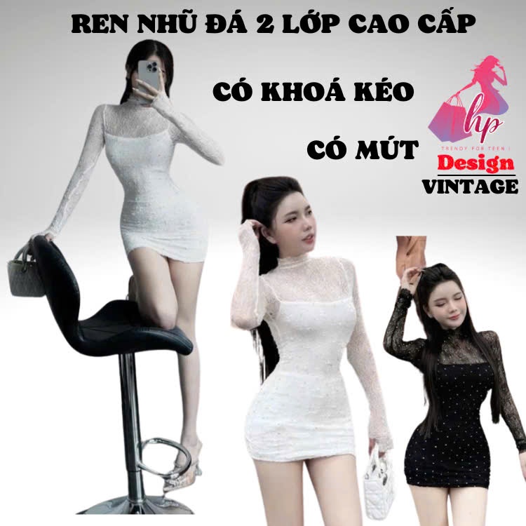 Đầm body ren nhũ đá có mút dài tay, váy kiểu nữ dáng ngắn đen trắng tôn dáng sang chảnh đi tiệc đi chơi thu đông G974