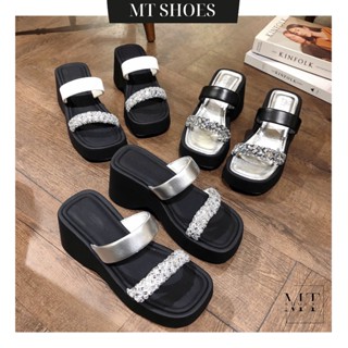 Dép bánh mì nữ đế cao 9P bản 2 quai ngang đính đá thời trang chất mềm đẹp tôn chân MT Shoes DN031