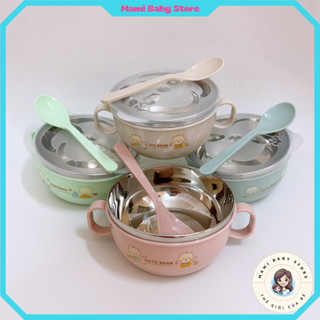 Chén Ăn Dặm Cho Bé, Bát Ăn Inox Cách Nhiệt Có Tay Cầm Kèm Muỗng Và Nắp Cho Bé | Mami Baby Store