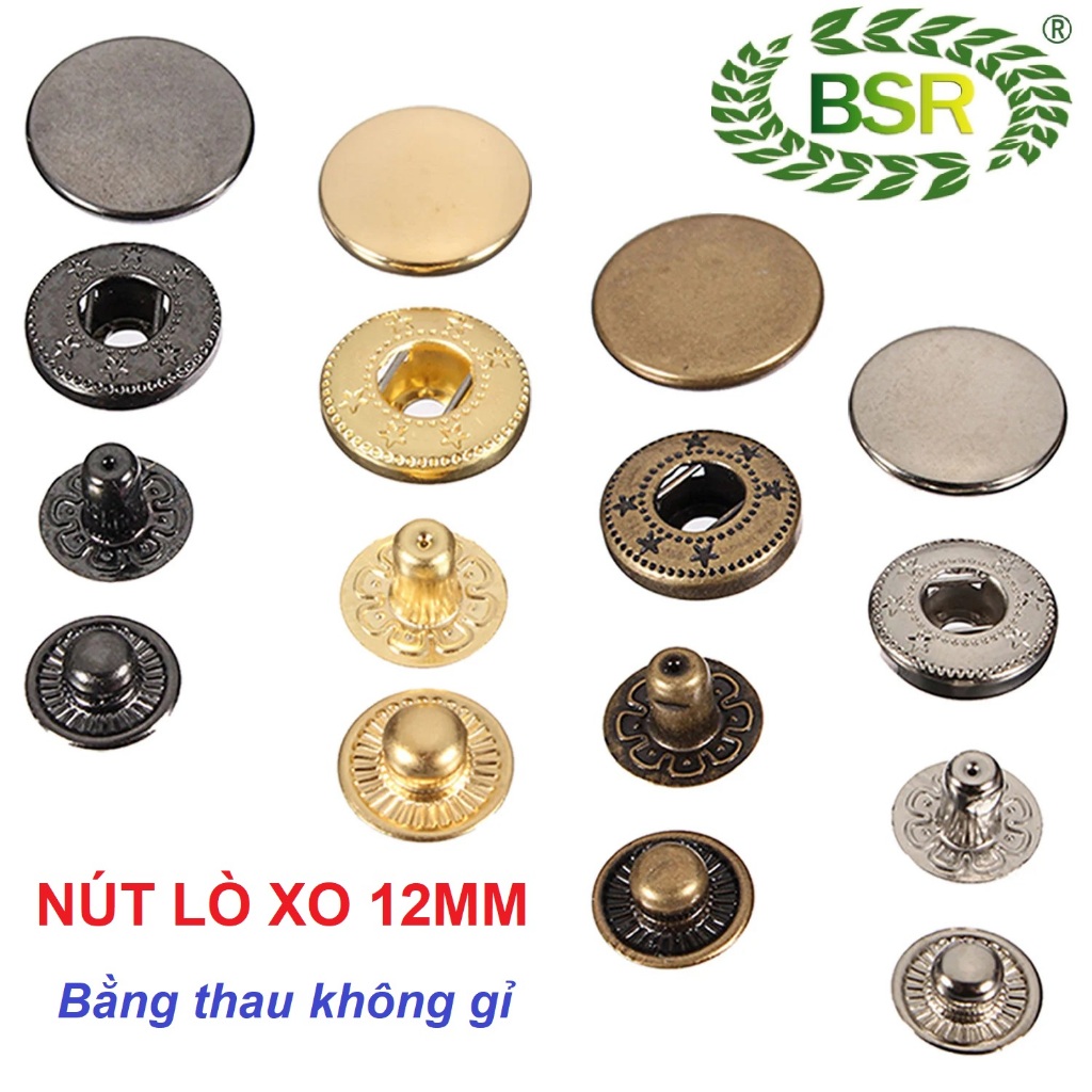 Nút bấm 4 thành phần (nút bóp) Nút quần jean 4 thành phần Loại 12mm Bằng thau Màu bạc, vàng, đồng, đ