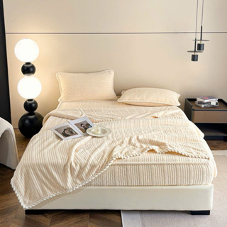 Bộ chăn ga gối nỉ nhung sữa dập vân chìm new design (set 4 món chân đệm ~30cm) Moon decor