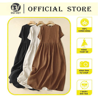 Váy Babydoll Vintage Xòe Rộng Tay Ngắn Cổ Tròn Tối Giản Xô Muslin Vui Hè Mát Nhẹ Nhàng