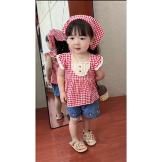 [ An nhiên B55 ] sét đồ bộ cho bé gái mặc mùa hè , cho bé gồm 1 áo chất liệu thô đũi mát kèm quần đùi jeans .